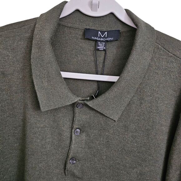 Magaschoni Sweater Mens XL Olive Heather Green Henley Wool Blend Collared NWT - Picture 3 of 10